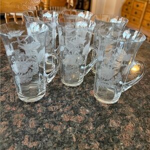 Etched 6 floral Clear Glass Mugs, ice tea glasses, trifle glasses with handles